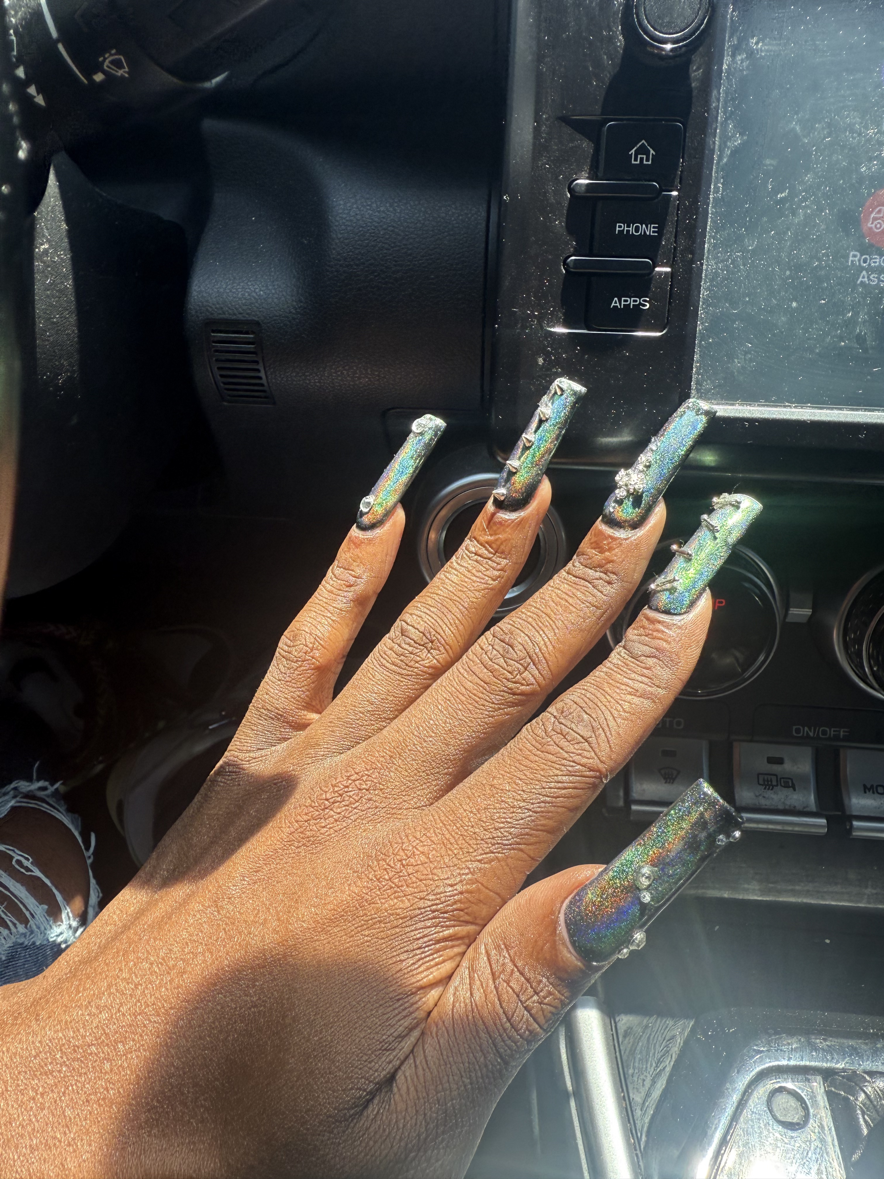 long squared artsy acrylic full set with gems, charms, and a chrome cateye finish in Cooper City south Florida mobile nail tech